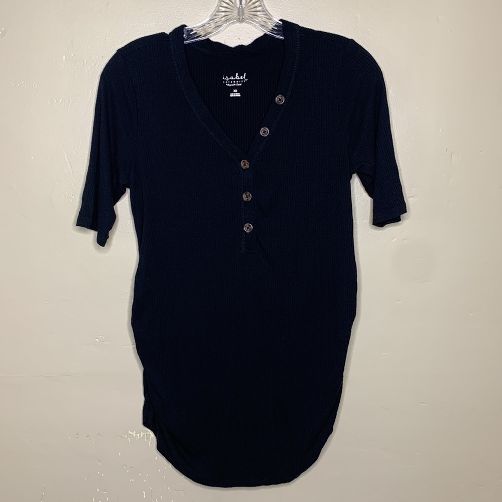 ISABEL Maternity Top Black Ribbed V-Neck Ruched Sides Popover Stretchy XS